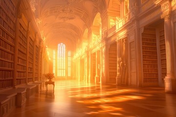 Aufkleber - A sunlit library interior with grand architecture and shelves filled with books.
