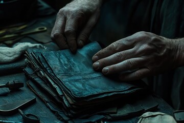 Aufkleber - A pair of hands carefully handling a stack of dark, worn leather sheets on a table.