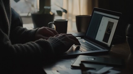 Poster - A person typing on a laptop at a cozy workspace with coffee cups and a plant.