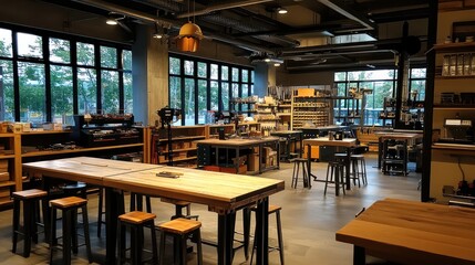 Aufkleber - A spacious workshop filled with tables, stools, and tools for crafting and creativity.