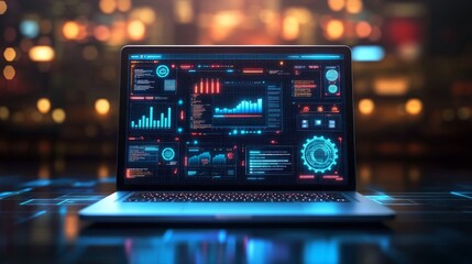 Laptop displaying data analytics and graphs on screen at night.