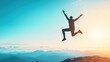 © MAY - A silhouetted figure jumping in the air against a backdrop of a vibrant sunset, arms outstretched, representing freedom, success, and reaching new heights.
