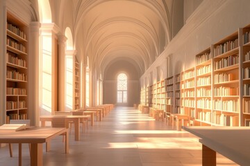 Aufkleber - A serene library interior with sunlight illuminating rows of books and wooden tables.