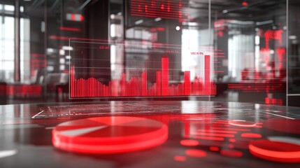Poster - A futuristic workspace featuring digital graphs and charts in red tones.