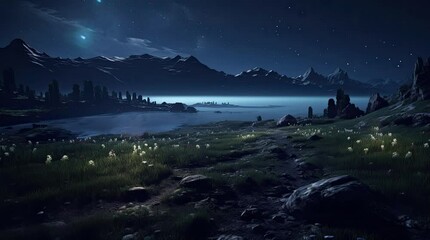 Wall Mural - A scenic view of beautiful flowers, a river, and rocky mountains at night. 4K animated video