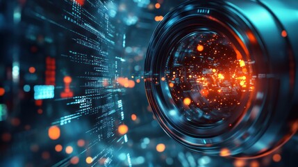 Futuristic lens with digital code and glowing particles.
