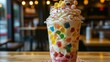 © harryaishi - A colorful dessert topped with whipped cream, sprinkles, and a cute bear figurine.