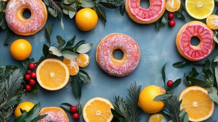 Freshly baked donuts and citrus fruits paired with green branches for a festive display