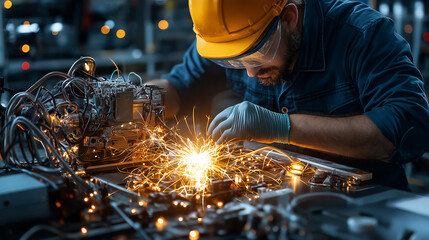 Aufkleber - Mechanic performing maintenance on high tech machinery, sparks flying
