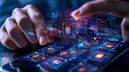 Poster - person interacting with digital interface on smartphone, showcasing technology and security