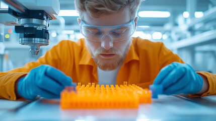 Poster - Engineer focused on assembling orange lab equipment with precision