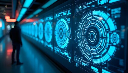 Wall Mural - High tech radar or scanner displays with a futuristic feel, featuring concentric circular patterns and glowing blue lines,