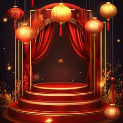 Wall Mural - A rich, festive podium with delicate gold details and red silk drapery, surrounded by lanterns and firecracker designs, with empty space for product placement.