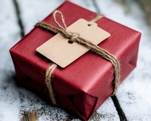 A red gift box wrapped in twine with a blank brown tag, resting on a snowy wooden surface.