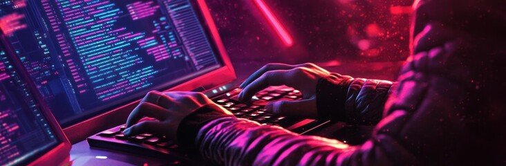 Hacker typing on keyboard with glowing screen in dark room.