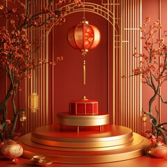 Wall Mural - A vibrant Chinese New Year scene featuring a podium with golden and red elements, surrounded by soft lighting and a subtle floral backdrop, with ample space to showcase a product.