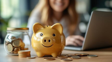 A woman sits at a laptop with a yellow piggy bank and a jar of coins, symbolizing savings and financial management.