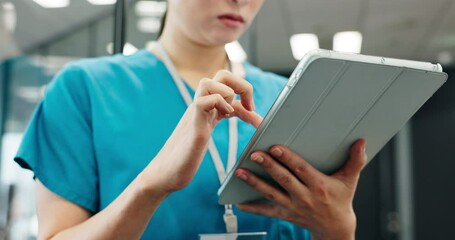 Poster - Woman, hands and nurse with tablet for medical research, study or online browsing at hospital. Japanese, closeup or female person scrolling on technology for app, data or healthcare history at clinic