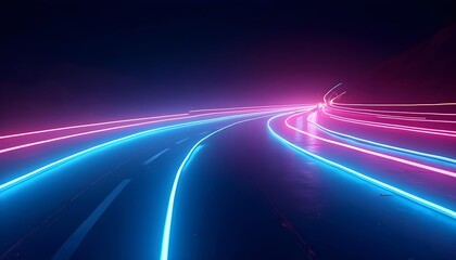 Wall Mural - Neon light road effect. Curved blue and pink LED light traces, emitting laser stripes on a dark background.