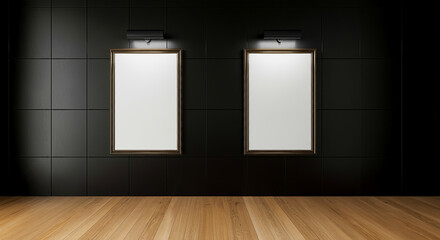 On a blue tiled wall with a stone floor , there are two vertical empty poster frames