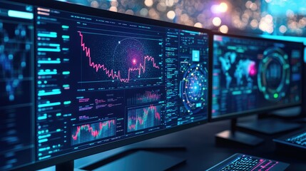 Poster - A close-up of a computer screen displaying complex data visualizations focused on analyzing stock market volatility and risk factors