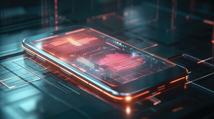 A glowing mesh-like smartphone interface showing a business application, with dynamic holographic elements and sleek futuristic design