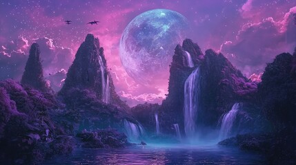 Wall Mural - A surreal landscape featuring floating islands with cascading waterfalls, illuminated by the soft glow of a giant moon. The sky is filled with vibrant nebulae