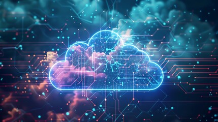 Wall Mural - glowing cloud symbol represents digital cloud computing, showcasing network connections and data pro