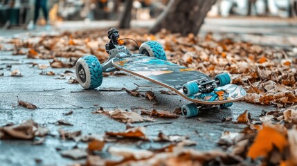 Skateboard resting on the ground surrounded by autumn leaves