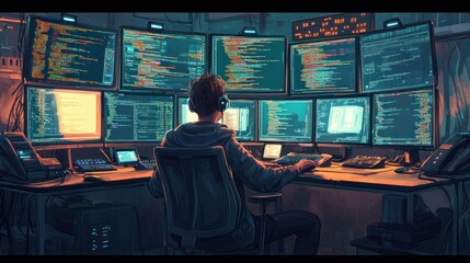 Programmer working late at night in a dark room with many monitors displaying code.