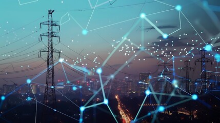 Wall Mural - nighttime cityscape showcasing a smart grid, power lines, and network connections.