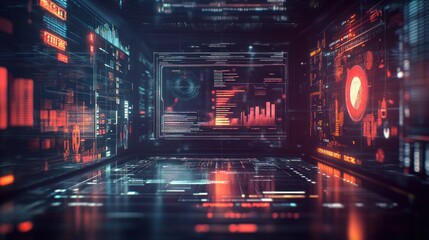 Futuristic digital data center interior with glowing screens displaying graphs, charts, and code.