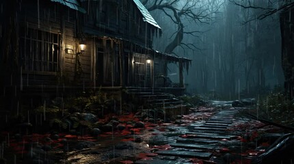 Wall Mural - A view of a house in the middle of a forest, with rain falling at night. 4k animated video