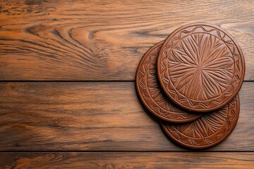 handmade leather concept. A set of handmade leather coasters with hand-carved patterns, styled on a wooden table for a traditional look