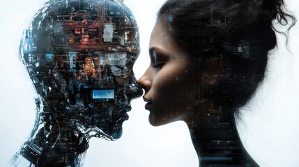 Wall Mural - A human and a robotic figure share an intimate moment, blending technology and emotion.