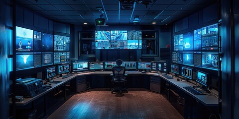 Aufkleber - A modern surveillance room filled with high-tech equipment. In the center, a large control desk holds four wide, high-definition monitors showing different areas of the facility in real-time.