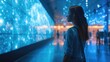 © visoot - A women standing in blue high tech exhibition stand portrait gallery.