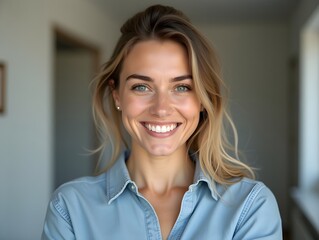 Sticker - a young European woman in a casual shirt smiling warmly at the camera. This cheerful and confident image is perfect for corporate, business, lifestyle, and personal branding projects