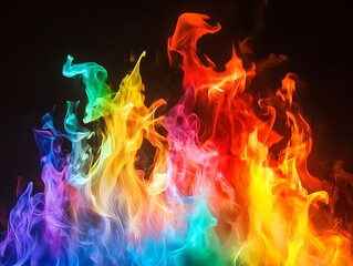 Vibrant rainbow flames burning against a black background.