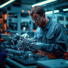 Leinwandbilder - A modern mechanic working on a vehicle engine in a well-equipped automotive workshop. The mechanic, a skilled individual wearing a jumpsuit and safety glasses, is focused on the engine.