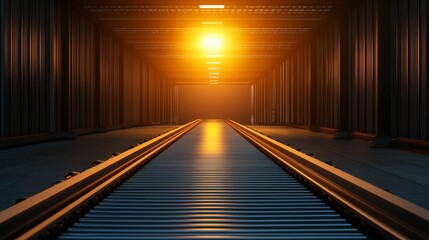 Wall Mural - A dimly lit train tunnel with tracks leading toward a bright light, creating an atmospheric and mysterious effect.