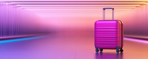 Wall Mural - A vibrant pink suitcase stands alone in a futuristic, neon-lit environment, reflecting bright colors on a smooth surface.
