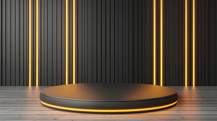 Wall Mural - A modern circular stage with glowing orange accents, set against a sleek black striped backdrop, ideal for presentations or performances.