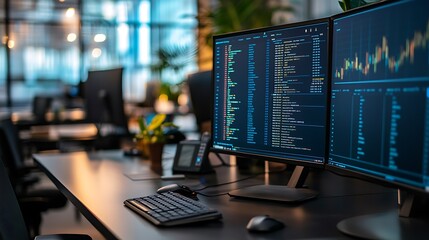 A modern workspace featuring dual monitors displaying code and data analysis.