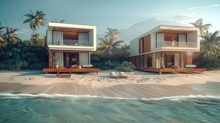 Wall Mural - two luxury beach houses on the sand. by sea.
