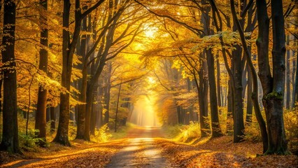 Wall Mural - Golden Autumnal Pathway Sunbeams Illuminate a Mystical Forest Road