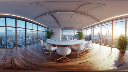 Wall Mural - 360 degree panorama view.A 3D image shows a large, open office.  It has a big table, white chairs, and huge windows with a city view.