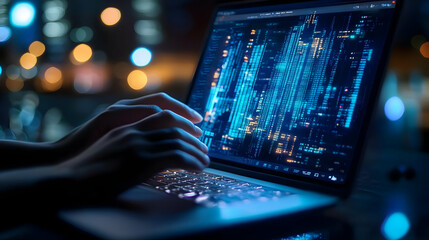laptop with code on screen at night - realistic image