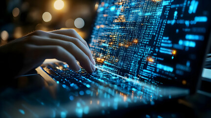 laptop with blue glowing keys, coding on screen illustration