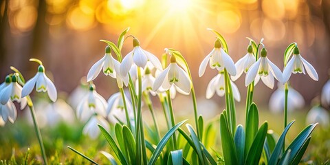 Wall Mural - A field of delicate snowdrop blossoms bathed in the warm glow of sunrise